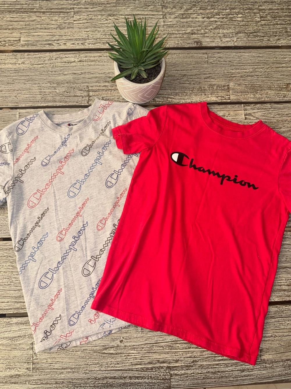 Set of 2 Champion Kids' Red Logo Tee & Grey Print Logo Tee, Sz Large
